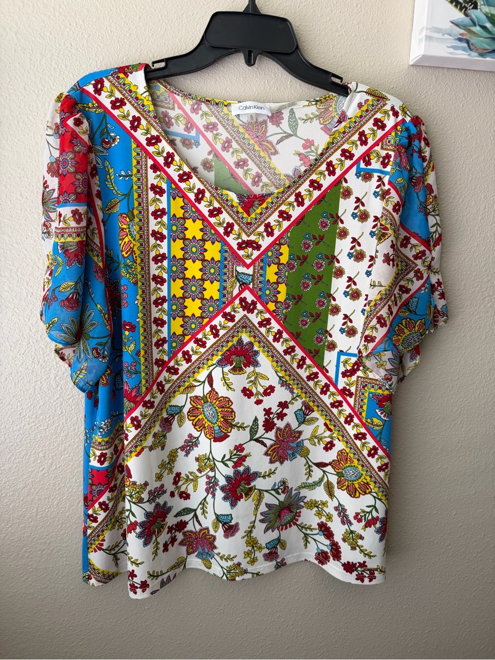 Calvin Klein Women’s Patchwork Blouse Floral Short Sleeve Top Multicolor  XL